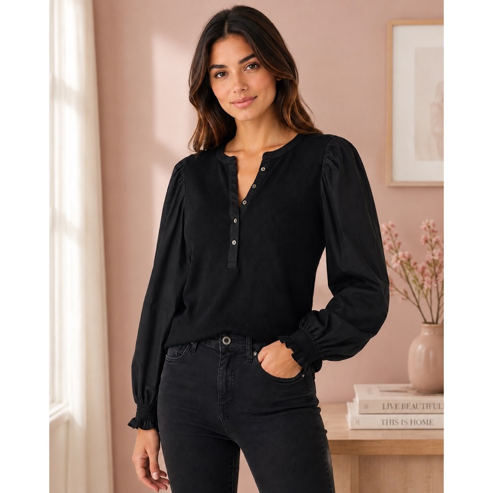 Elie Tahari Henley Top Women Large Black NEW Ribbed Mixed Media Puff Sleeve